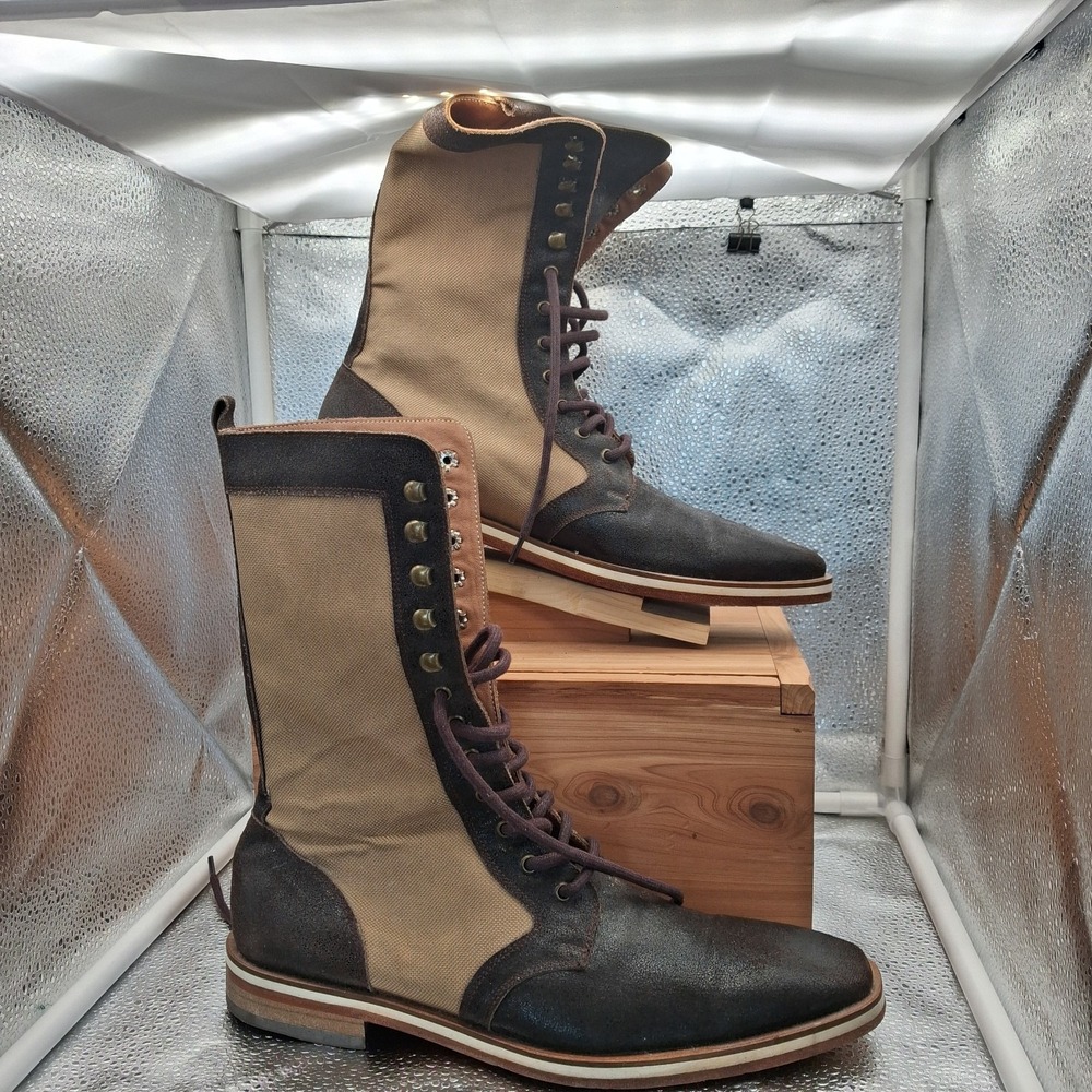 Handmade Italian Women Two Tone Canvas Leather Lace Up Mid-Calf Boots Size 7
